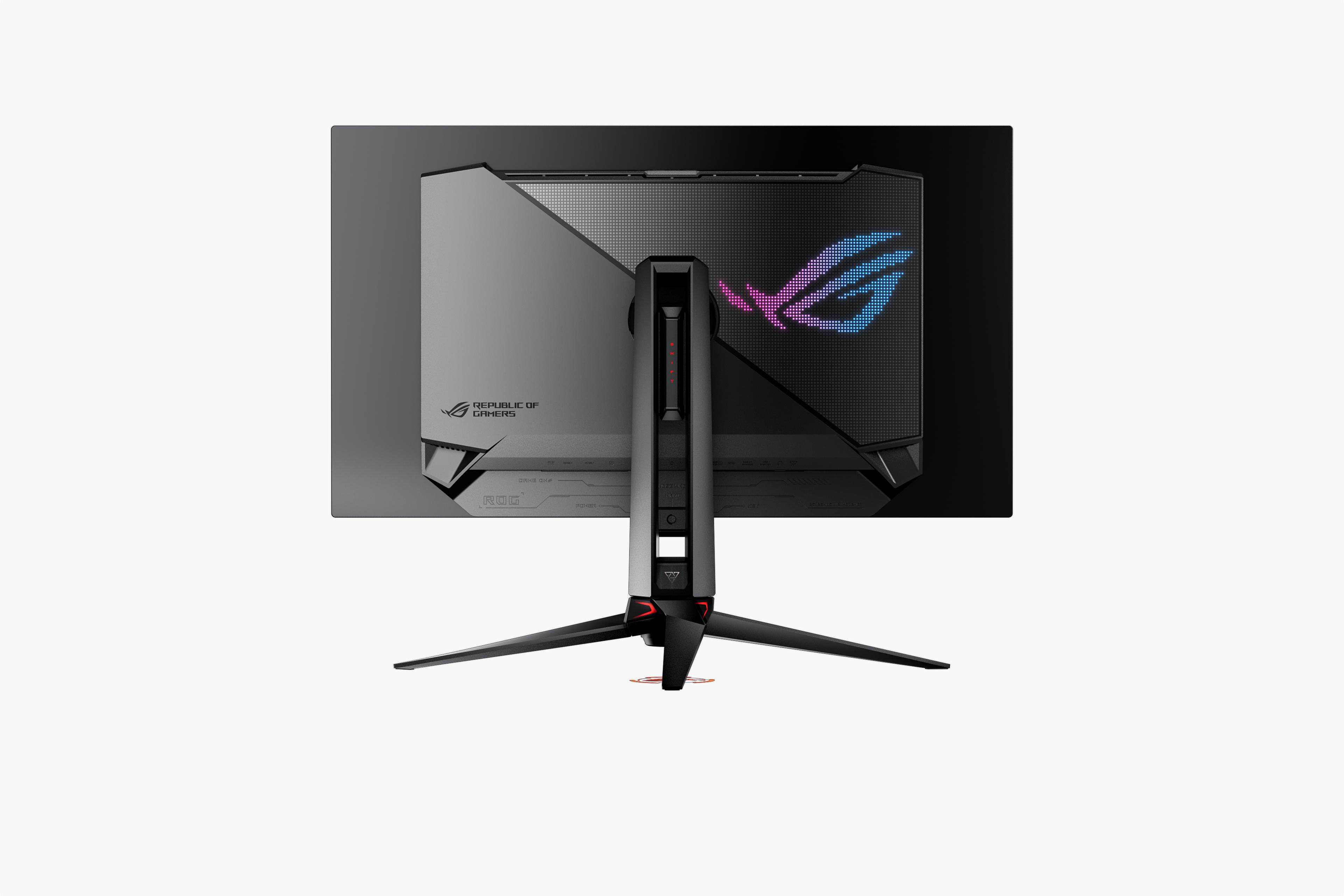 Rückseite eines grauen ROG-Gaming-Monitors. Er hat einen Ständer, Anschlüsse und das ROG-Logo. Der Ständer ist schwarz mit roten Akzenten.