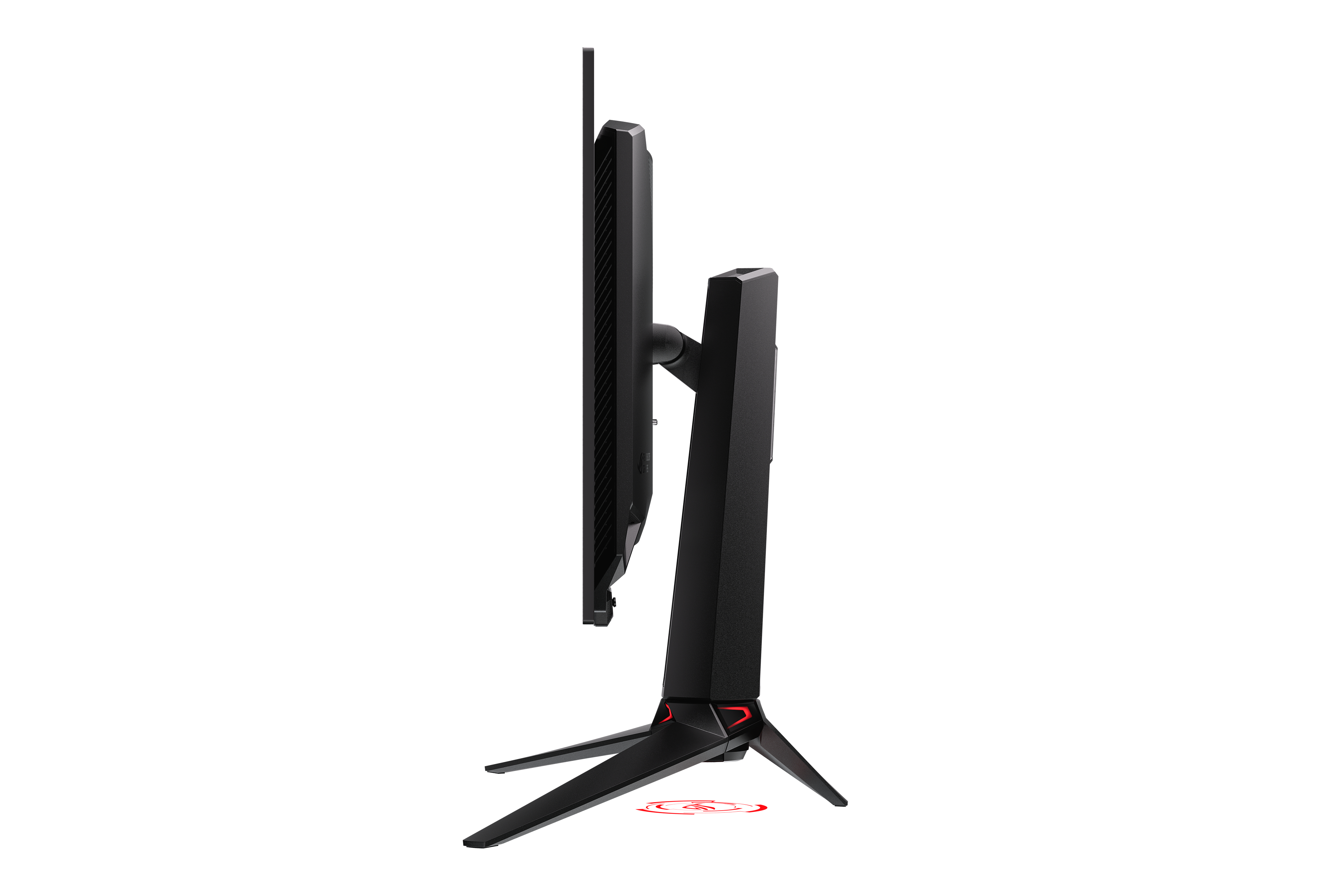 Schwarzer Gaming-Monitor. Er hat einen schwarzen Standfuß mit roten Akzenten und einen dünnen Rahmen. Der Hintergrund ist weiß.