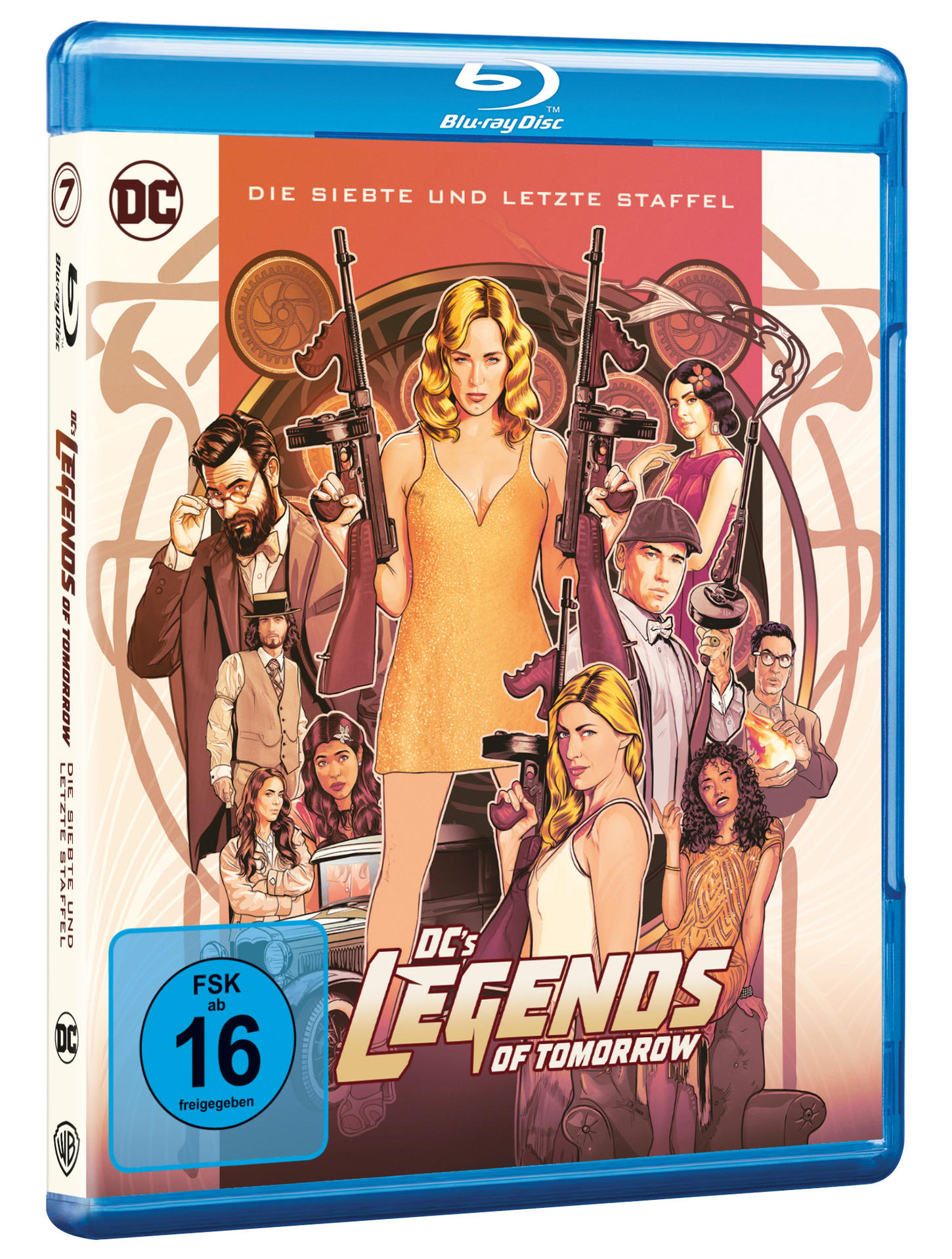 Blu-ray-Cover für Legends of Tomorrow. Figuren mit Waffen, der Titel ist deutlich sichtbar. Bewertung: FSK 16.