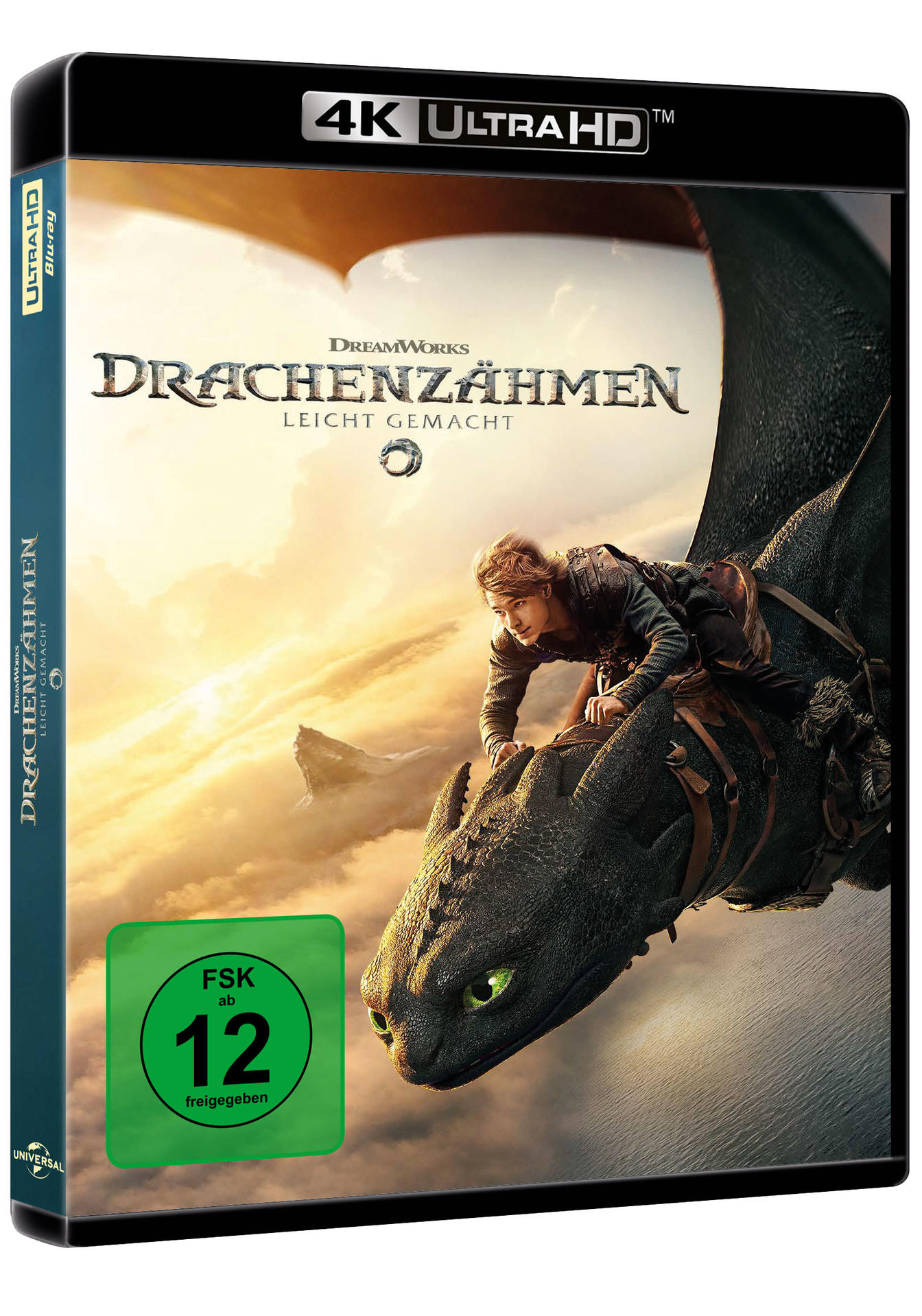 Ein Filmcover zeigt einen Jungen, der auf einem Drachen reitet. Der Titel lautet 'Drachenzähmen leicht gemacht'. Der Himmel ist orange, im Hintergrund Berge.