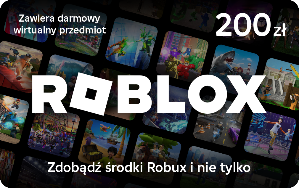 Karta podarunkowa Roblox o wartości 200 zł, z scenami z gier. Tekst: Zdobądź Robux i więcej. Zawiera darmowy wirtualny przedmiot.