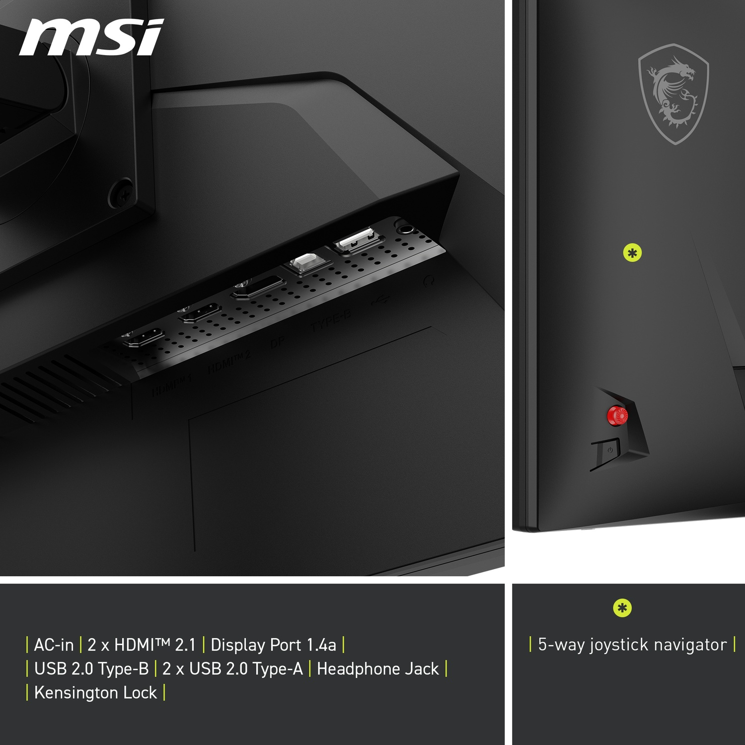 Moniteur noir avec ports à l'arrière. Les ports incluent HDMI, USB et port d'affichage. Logo MSI en haut à gauche.