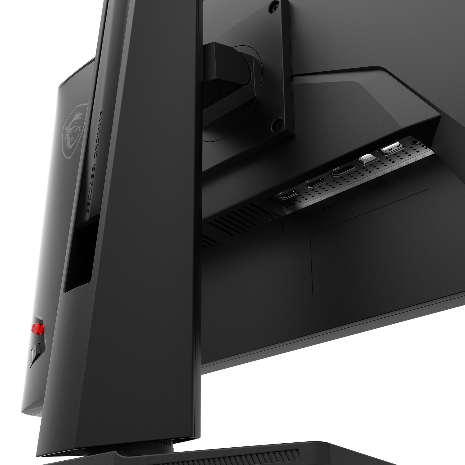 Un écran d'ordinateur noir. Des ports HDMI, USB et autres sont visibles. Le support et l'arrière de l'écran sont visibles.