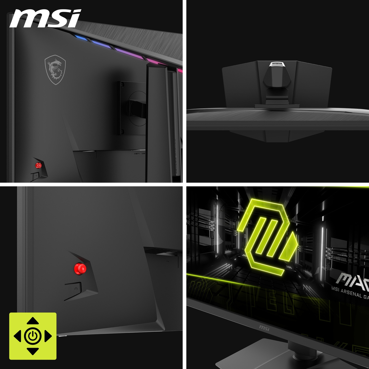 Détails du moniteur de jeu MSI. Gros plans du dos, du support, du bouton d'alimentation et de l'écran avec logo et design.