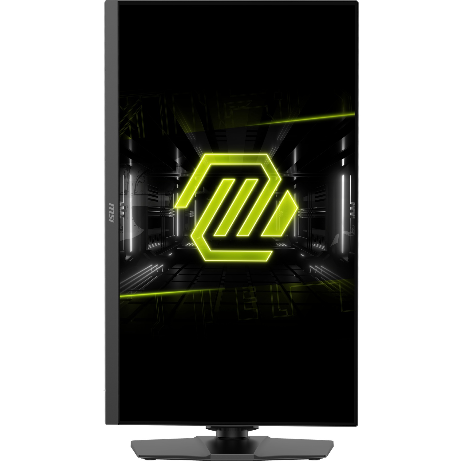 Un moniteur MSI noir affiche un logo vert néon sur fond sombre. Le moniteur a un pied et un fin cadre.