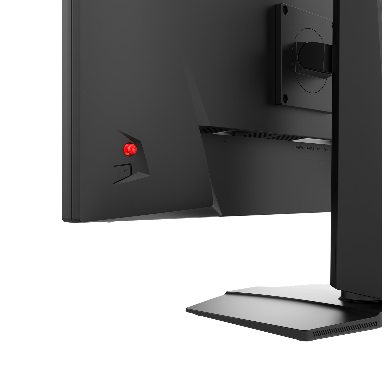 Arrière de moniteur d'ordinateur noir. Bouton d'alimentation rouge. Ports HDMI visibles. Socle et support noirs également.