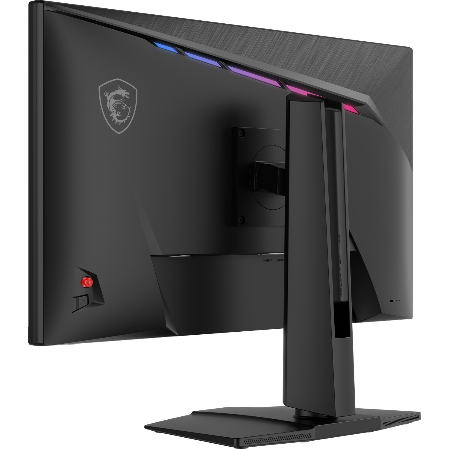 Un écran de jeu MSI noir. Comporte un logo de dragon, des lumières LED et un support robuste. L'écran est incliné, montrant les ports et les boutons.