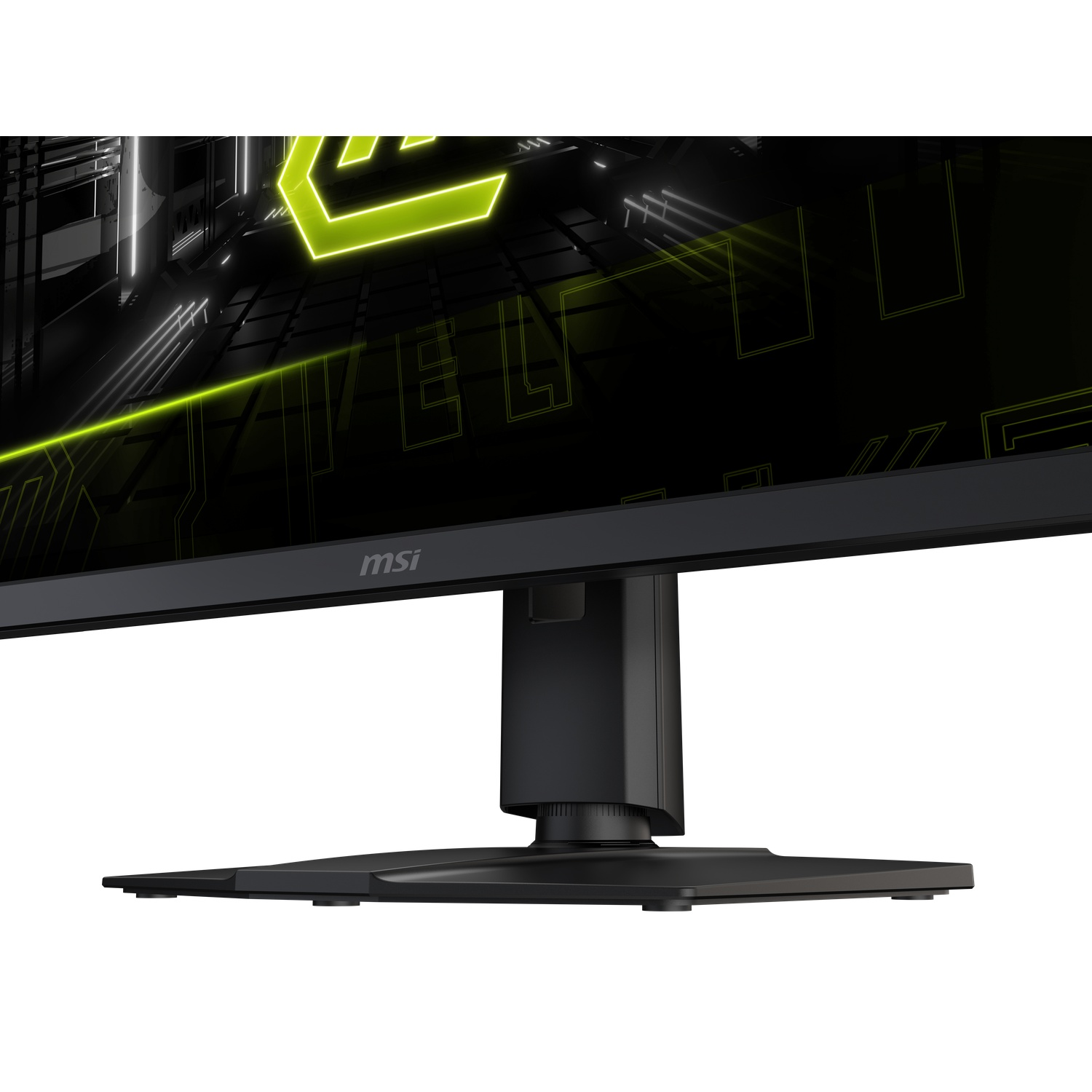 Un moniteur MSI noir avec un support noir. L'écran affiche un graphisme vert et noir. Le logo 'msi' est visible.
