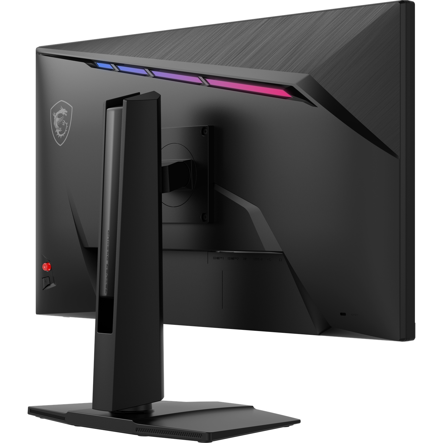 Vue arrière d'un moniteur de jeu MSI noir. Il possède un pied, des ports et une barre lumineuse. Le logo MSI est visible.