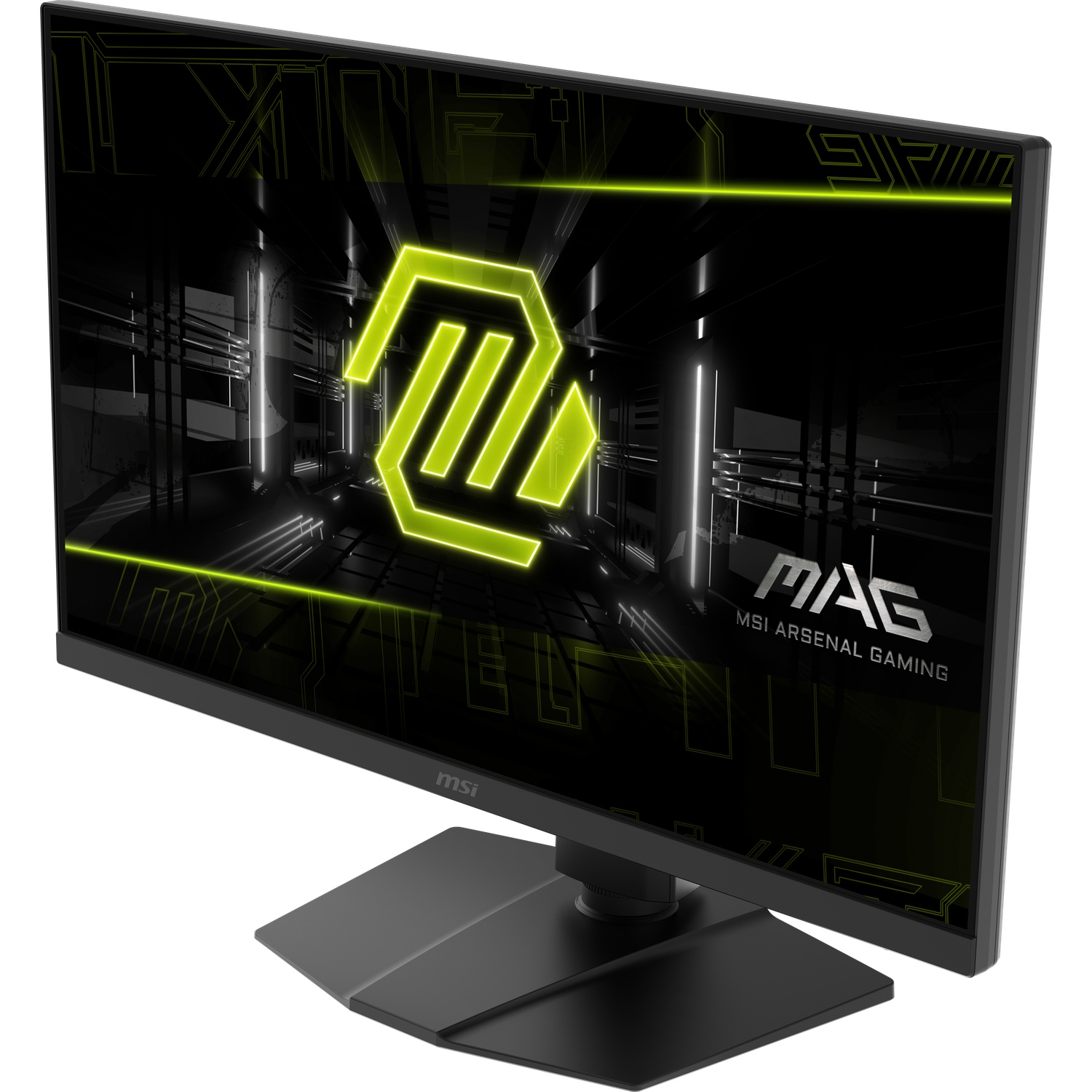 Moniteur MSI noir avec logo vert néon à l'écran. Le moniteur a un pied noir sur fond blanc.