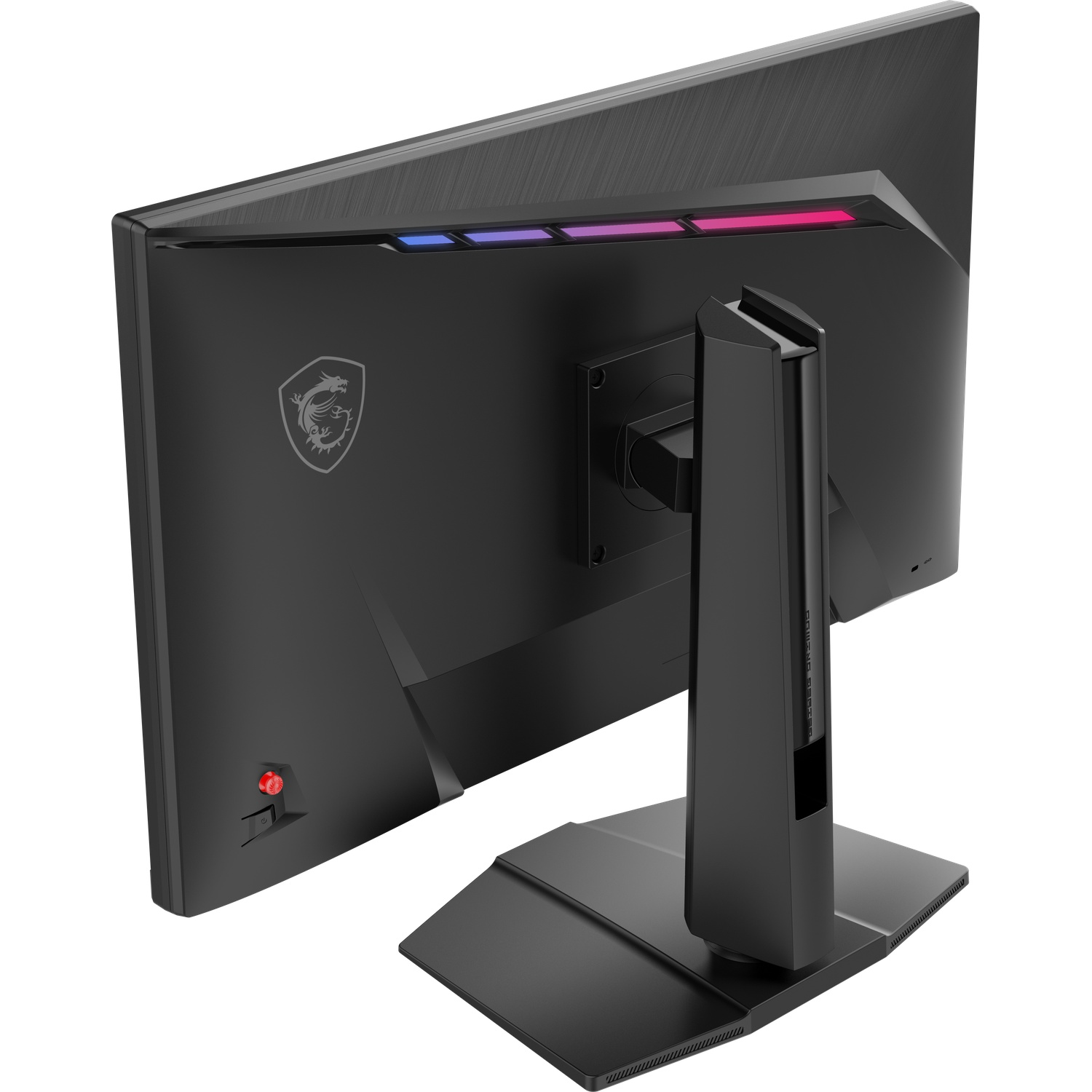 Moniteur MSI noir avec support. Il a un bouton d'alimentation rouge et un logo de dragon. Le haut a des lumières colorées.