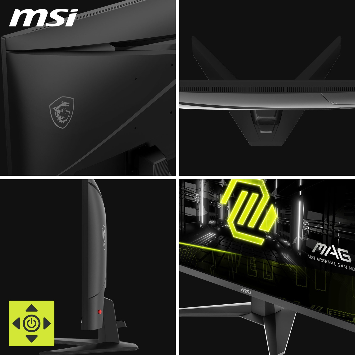 MSI gaming monitor, black with silver accents. Features include a stand, logo, and control buttons. The screen displays a neon logo.