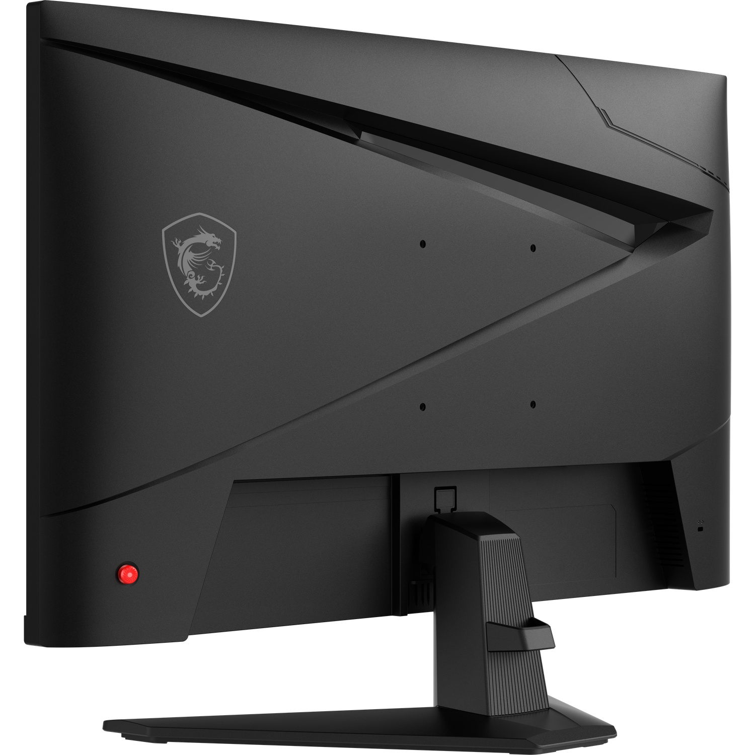 Black MSI monitor. Rear view shows dragon logo, stand, and red power button. Angled design with a textured surface.