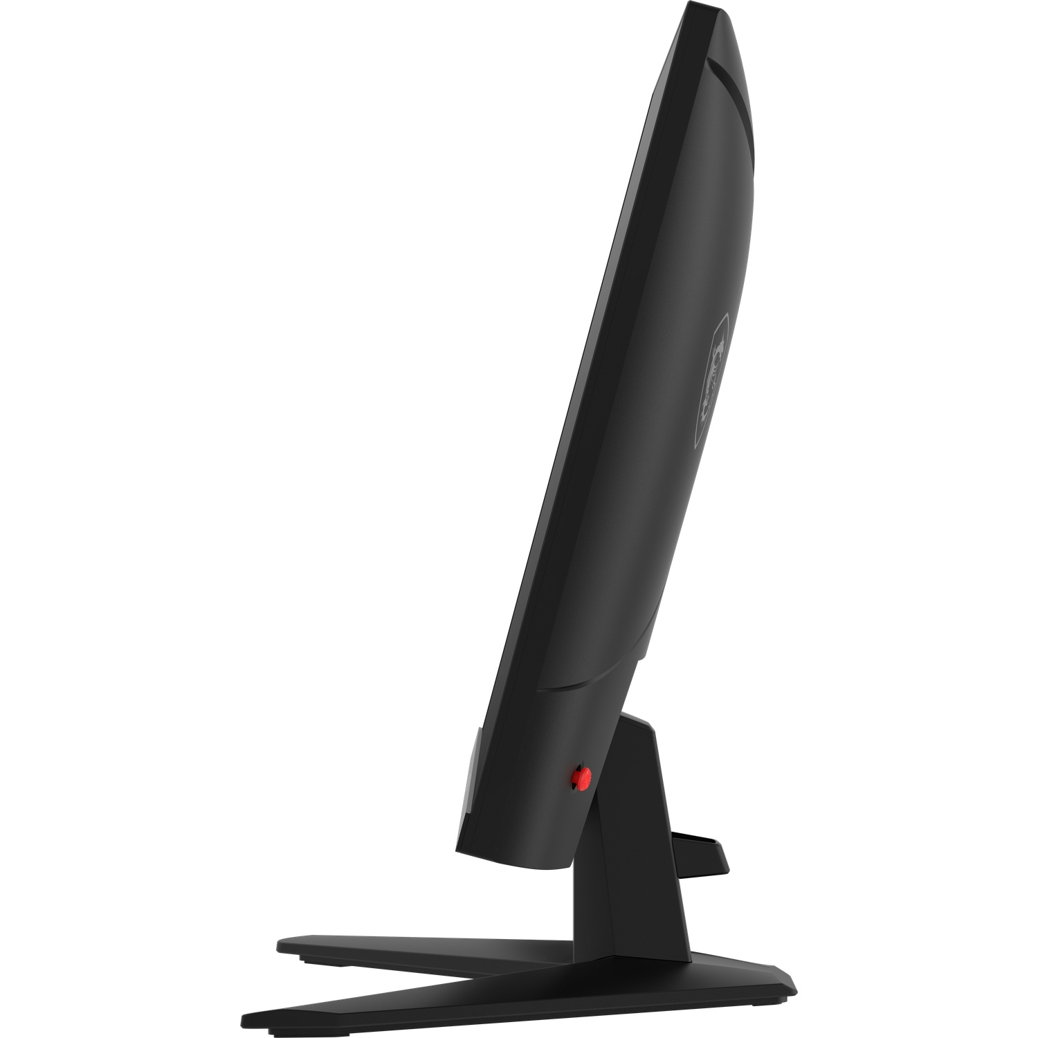 A black computer monitor is shown from the side, with the stand visible. The monitor has a red button and the stand is angled.