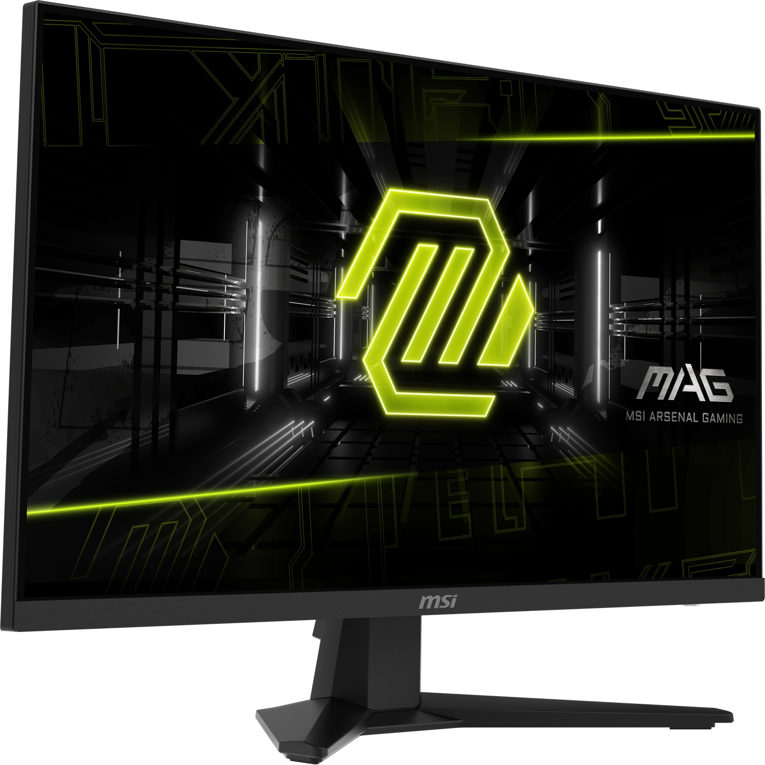 MSI gaming monitor with a black frame and stand. The screen displays a neon green logo and text on a black background.