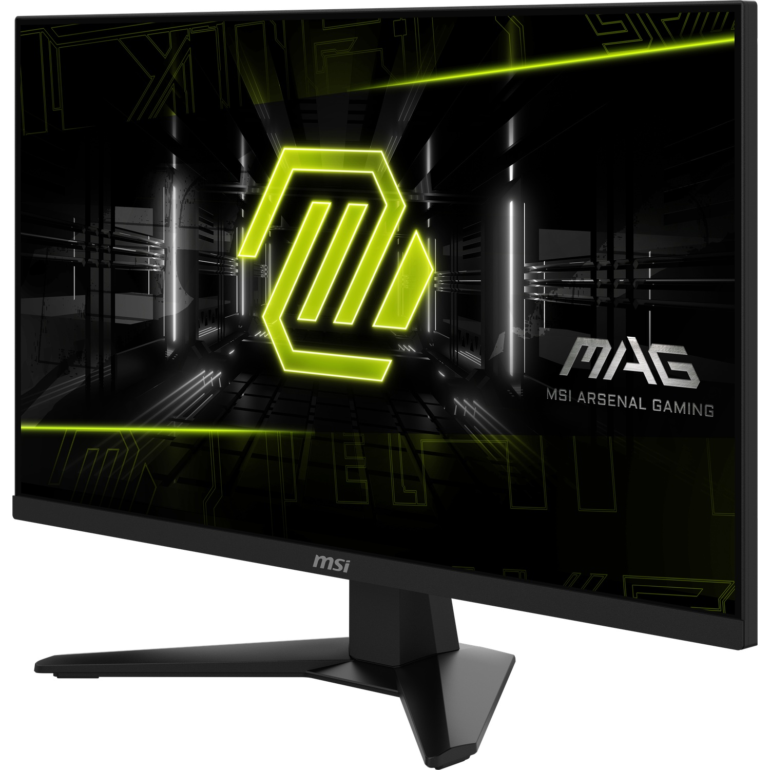 Black MSI MAG monitor with a neon green logo. The screen displays a futuristic design. The stand is black, and the base is wide.