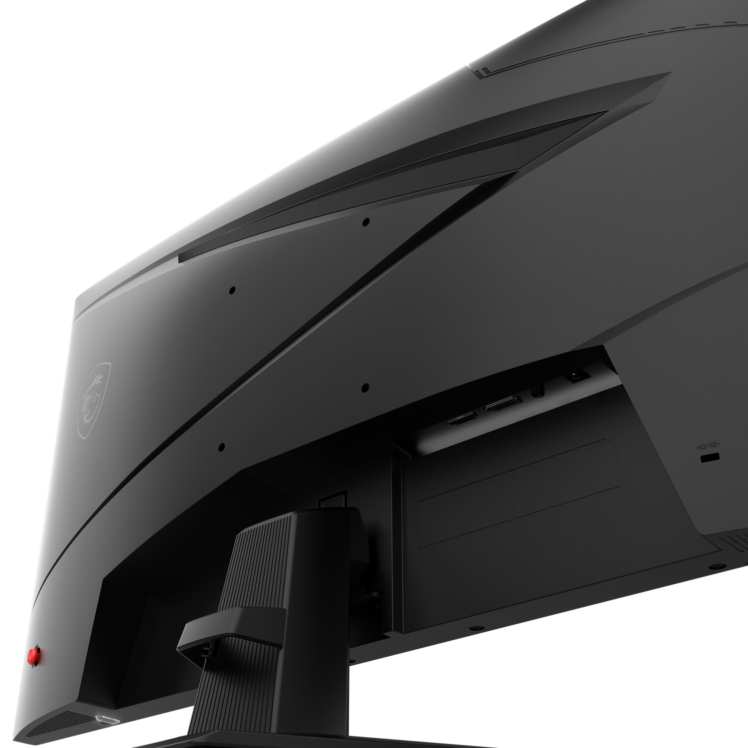 A black computer monitor, bottom view, showing ports, stand, and a red power button. The background is white.