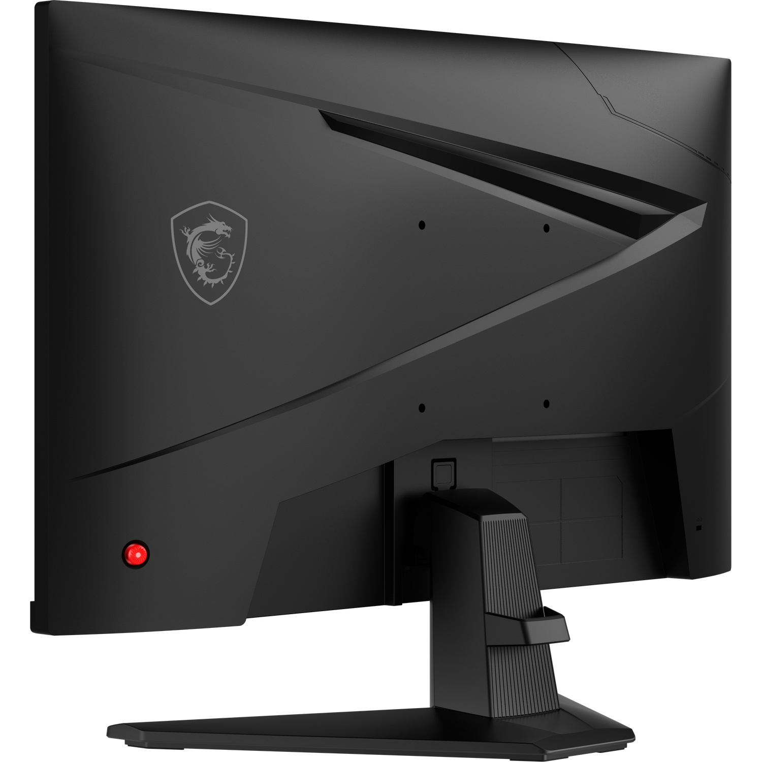 Black computer monitor back view. Features a stand, ports, and the MSI logo. Red power light is visible.