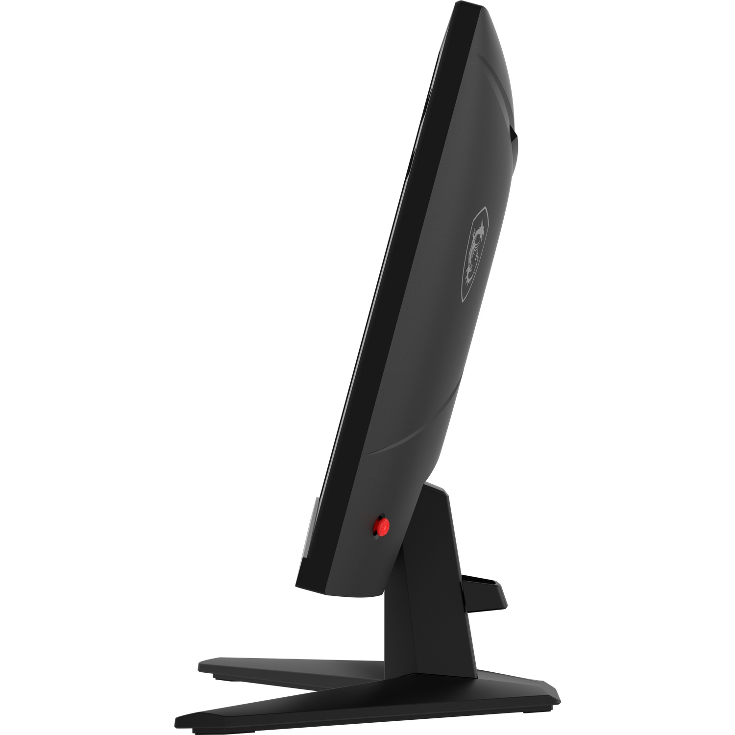 Side view of a black computer monitor. It has a red button and a logo. The base is also black.