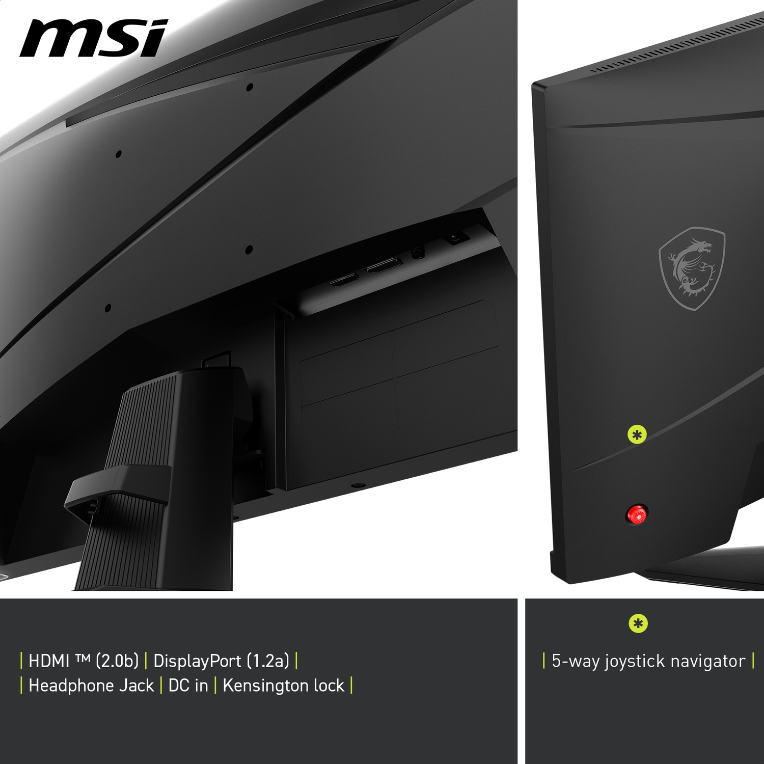 A close-up of an MSI monitor. It shows the back of the monitor with ports and a joystick control. The MSI logo is visible.
