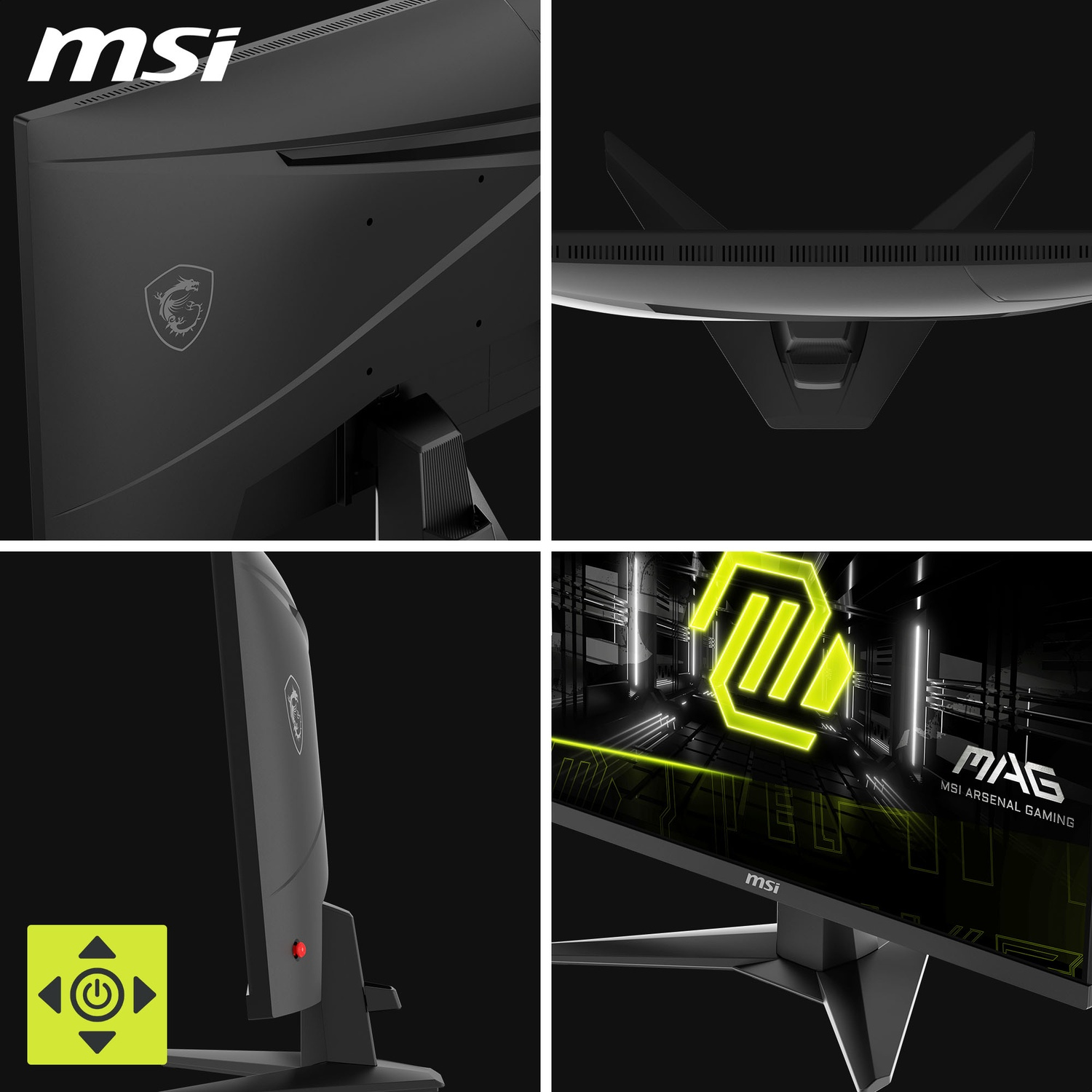 MSI monitor. Different views showing the back, bottom, side, and screen. The screen displays text with a neon green logo.
