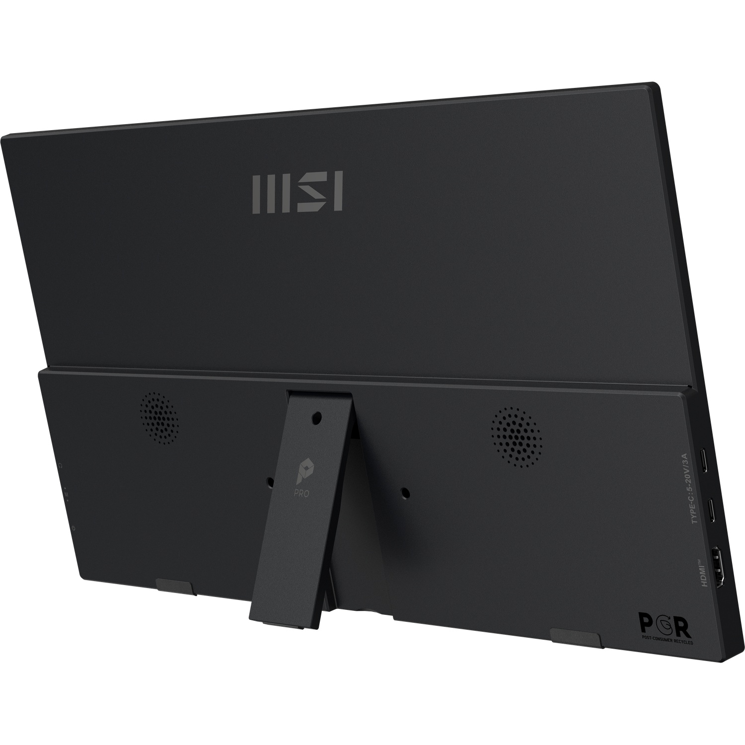 Un écran portable noir avec support. Il a le logo MSI, des ports et une étiquette "POR" indiquant des matériaux recyclés.