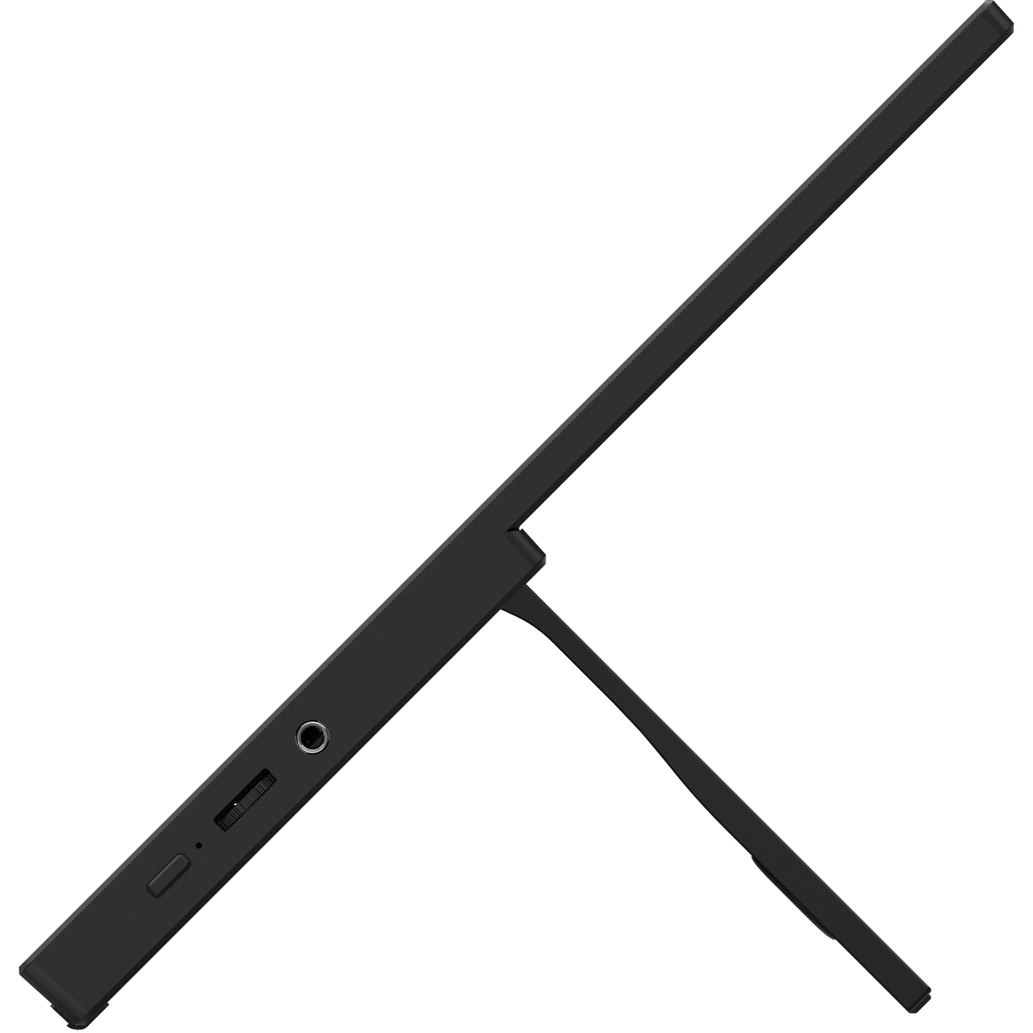 Une tablette noire avec un pied est inclinée. La vue latérale montre une prise casque, un curseur de volume et un bouton d'alimentation.