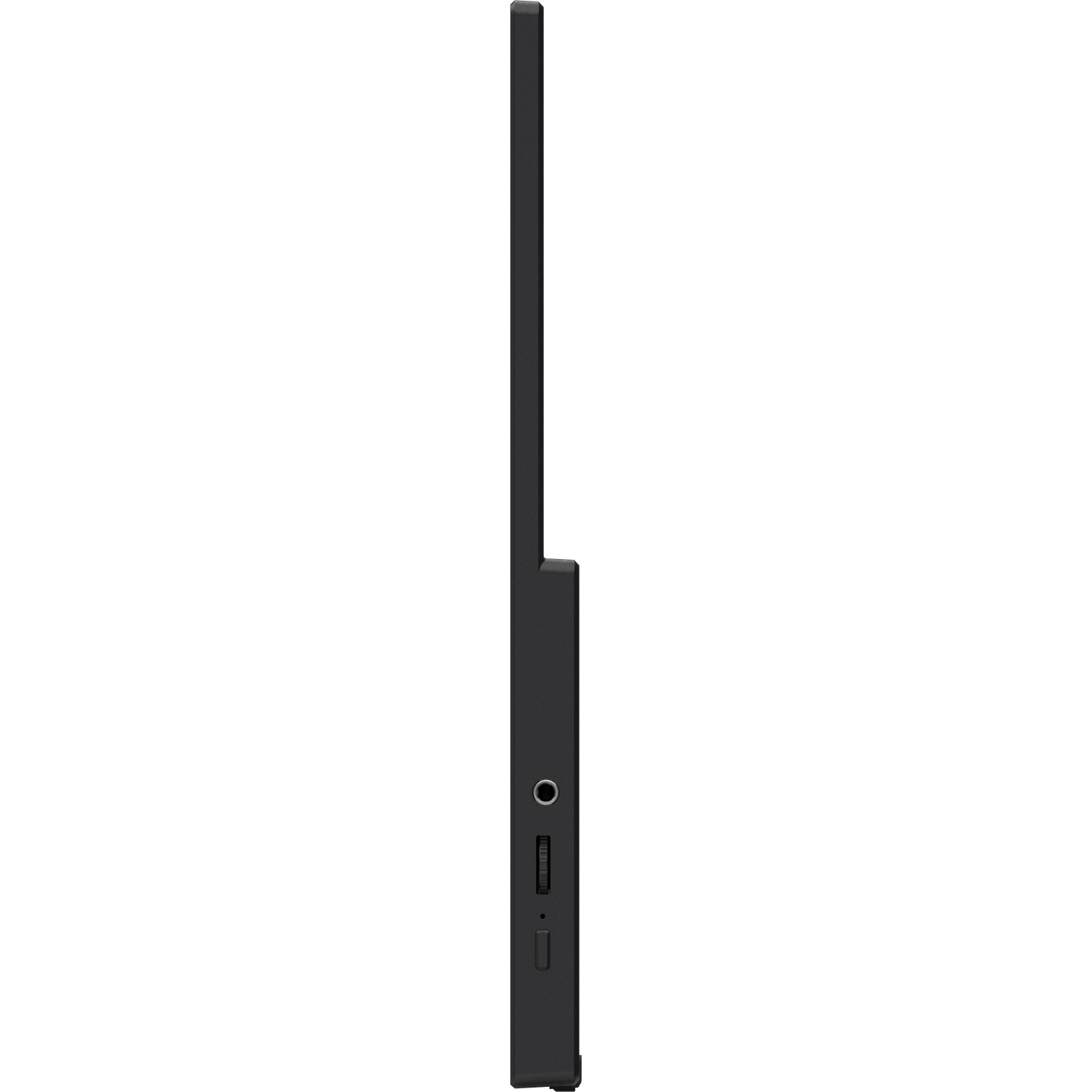 Vue latérale d'un appareil rectangulaire noir avec un port, un contrôle du volume et un bouton d'alimentation.