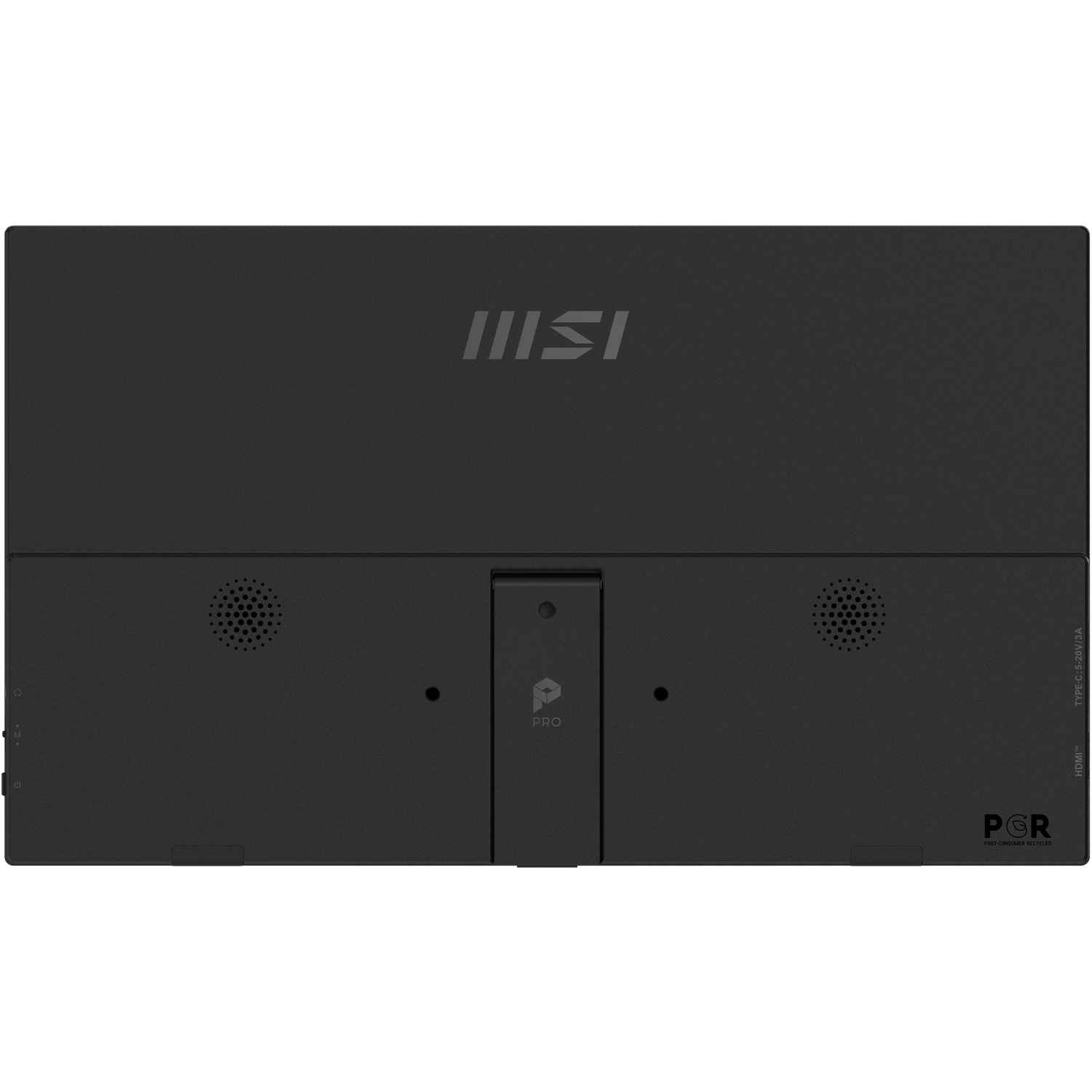 Arrière d'un moniteur MSI noir. Il a des ports, le logo MSI et le texte 'PRO'. En bas à droite, le texte 'PGR'.