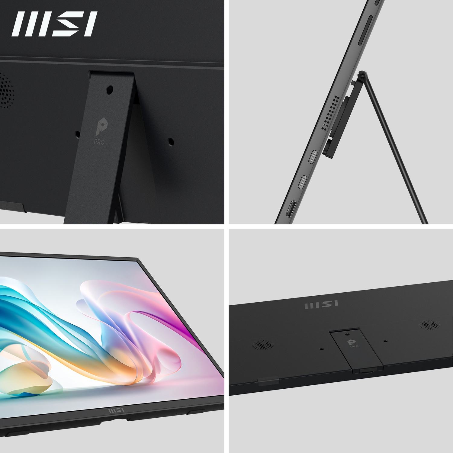 Gros plans d'une tablette MSI noire. Affichant le logo MSI, le support et les ports. L'écran affiche des graphiques abstraits colorés.