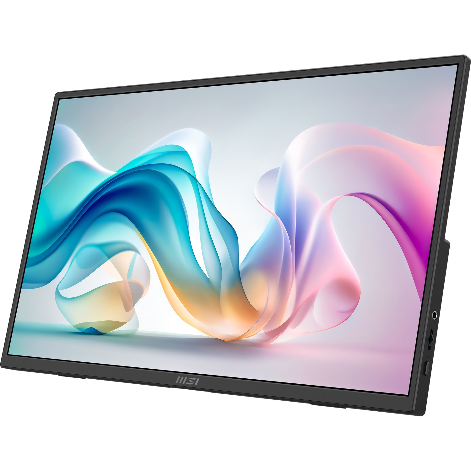 Un moniteur MSI noir affiche des formes abstraites colorées et fluides. Le moniteur est incliné, montrant les ports sur le côté.