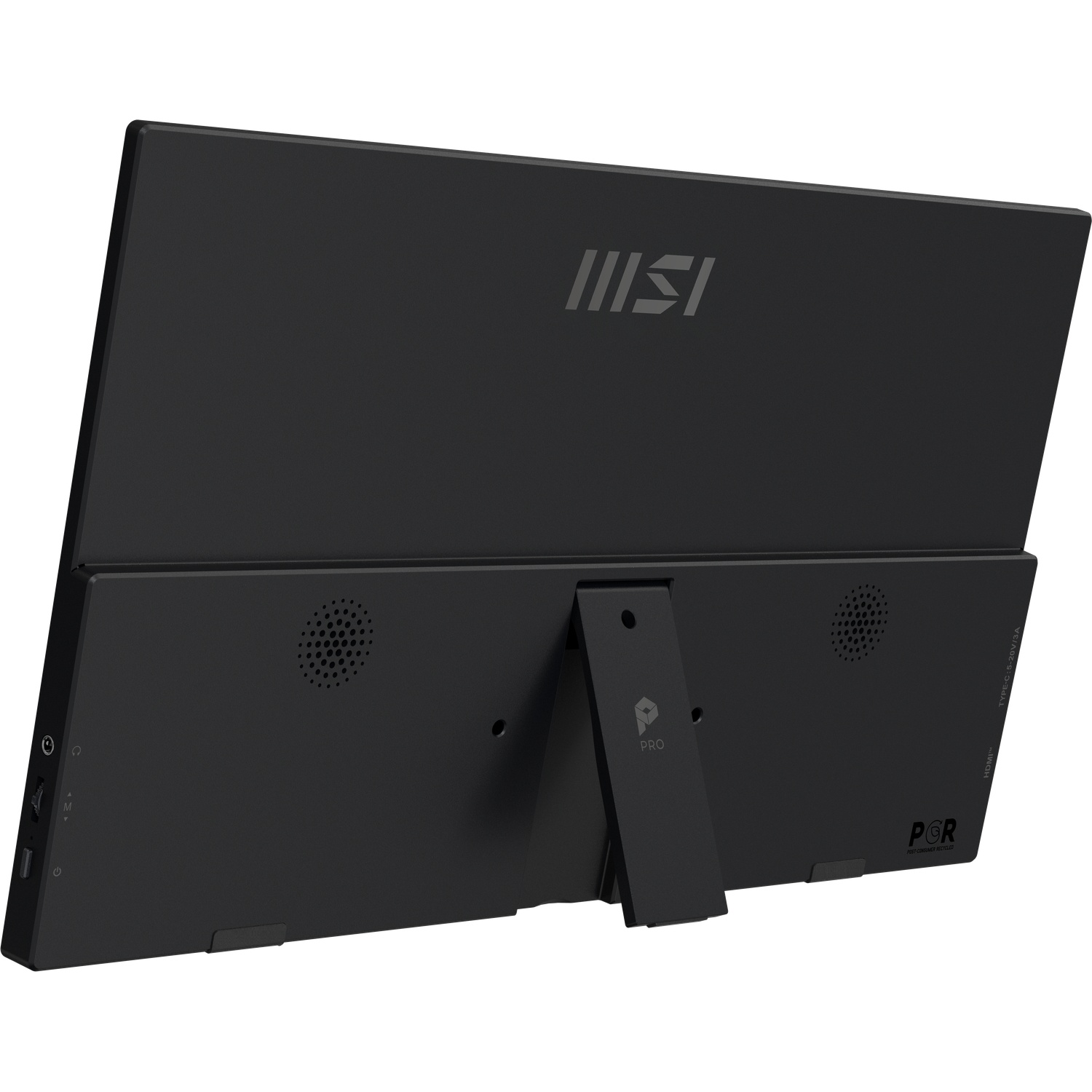 Moniteur MSI noir avec support. L'arrière affiche le logo MSI, des haut-parleurs, des ports et un logo PRO.