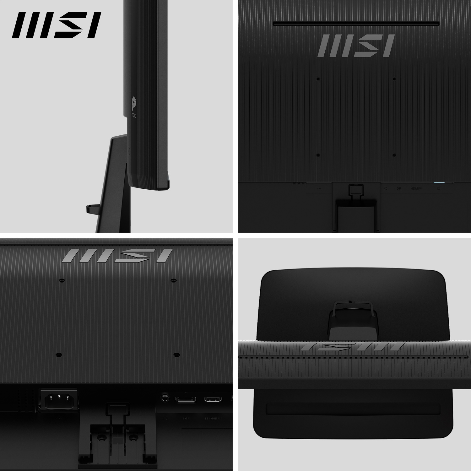 Zwarte MSI-monitor die verschillende hoeken laat zien. De monitor heeft het MSI-logo. De achterkant heeft meerdere poorten en een stroomingang.