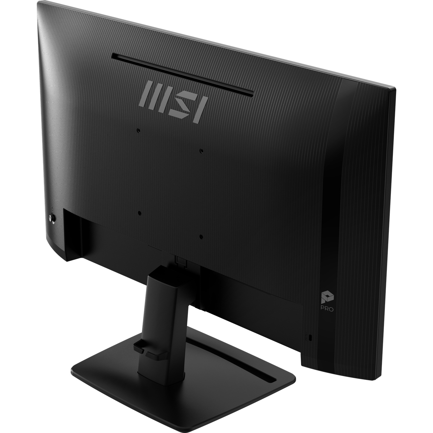 Zwarte MSI-monitor op een witte ondergrond. De monitor heeft een standaard en een 'PRO'-label. Het MSI-logo is zichtbaar.