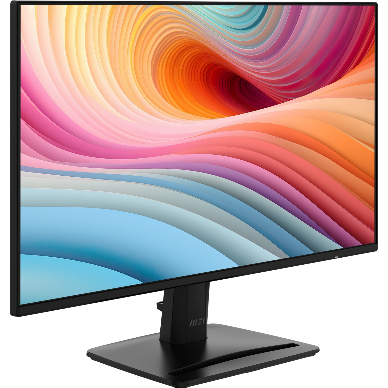 Een zwarte computermonitor toont een kleurrijke abstracte afbeelding. Het staat op een zwarte standaard. Het MSI-logo is zichtbaar.