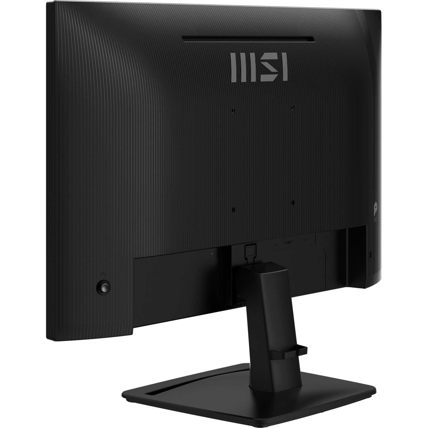 Zwarte computermonitor van achteren, met standaard. Het MSI-logo is zichtbaar. De monitor is naar rechts gekanteld.