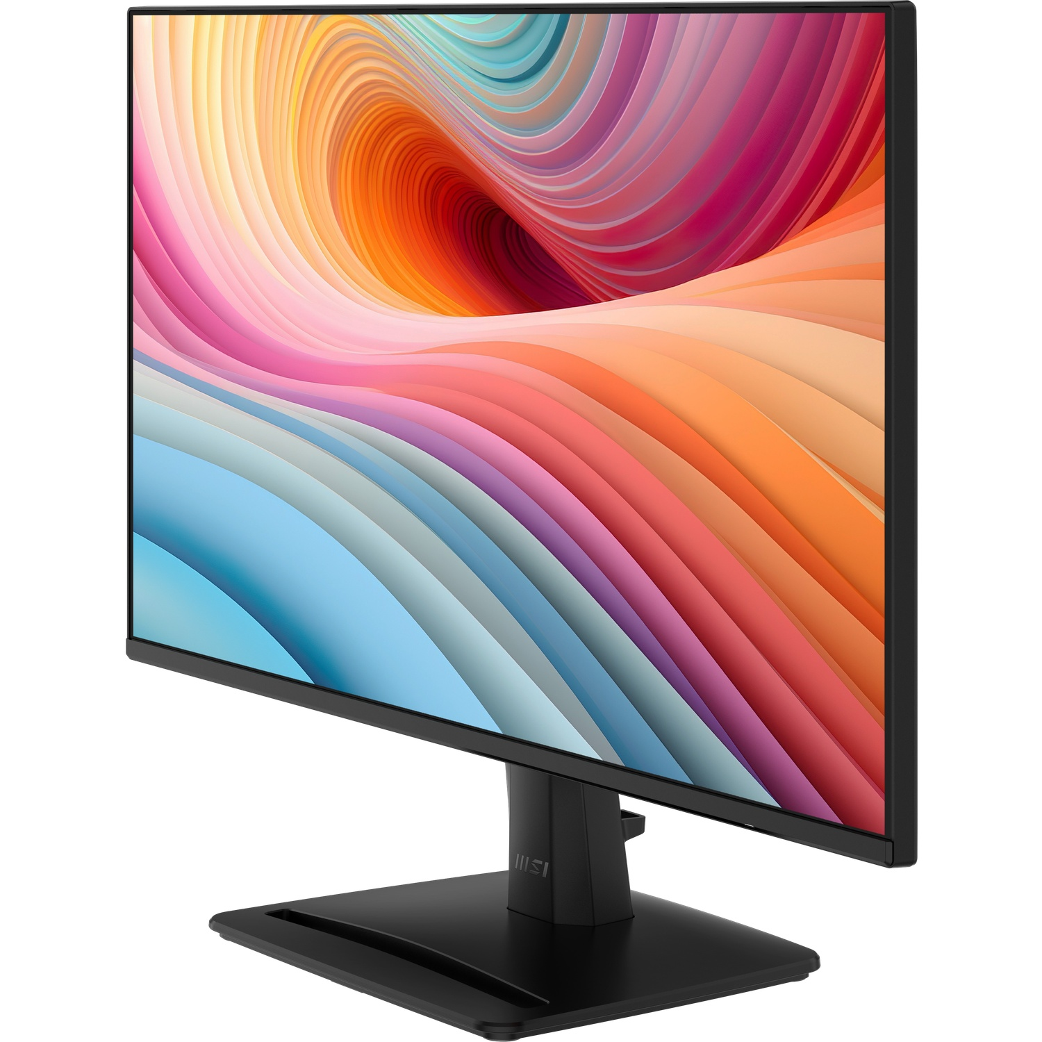 Een zwarte computermonitor toont een kleurrijk abstract patroon. De monitor staat op een zwarte standaard. De achtergrond is wit.