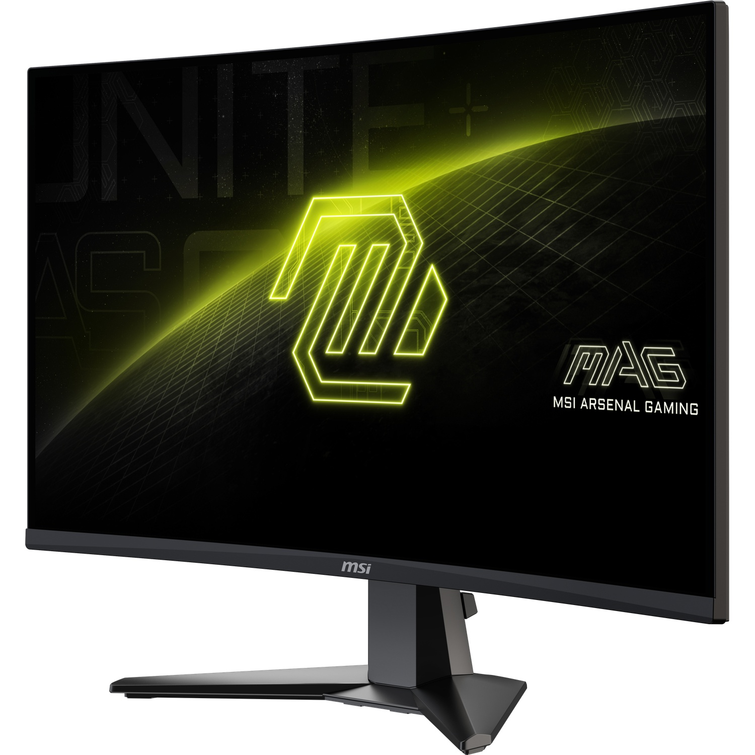 MSI gaming monitor. Zwart frame. Scherm toont een groen logo en tekst op zwarte achtergrond. De voet is ook zwart.
