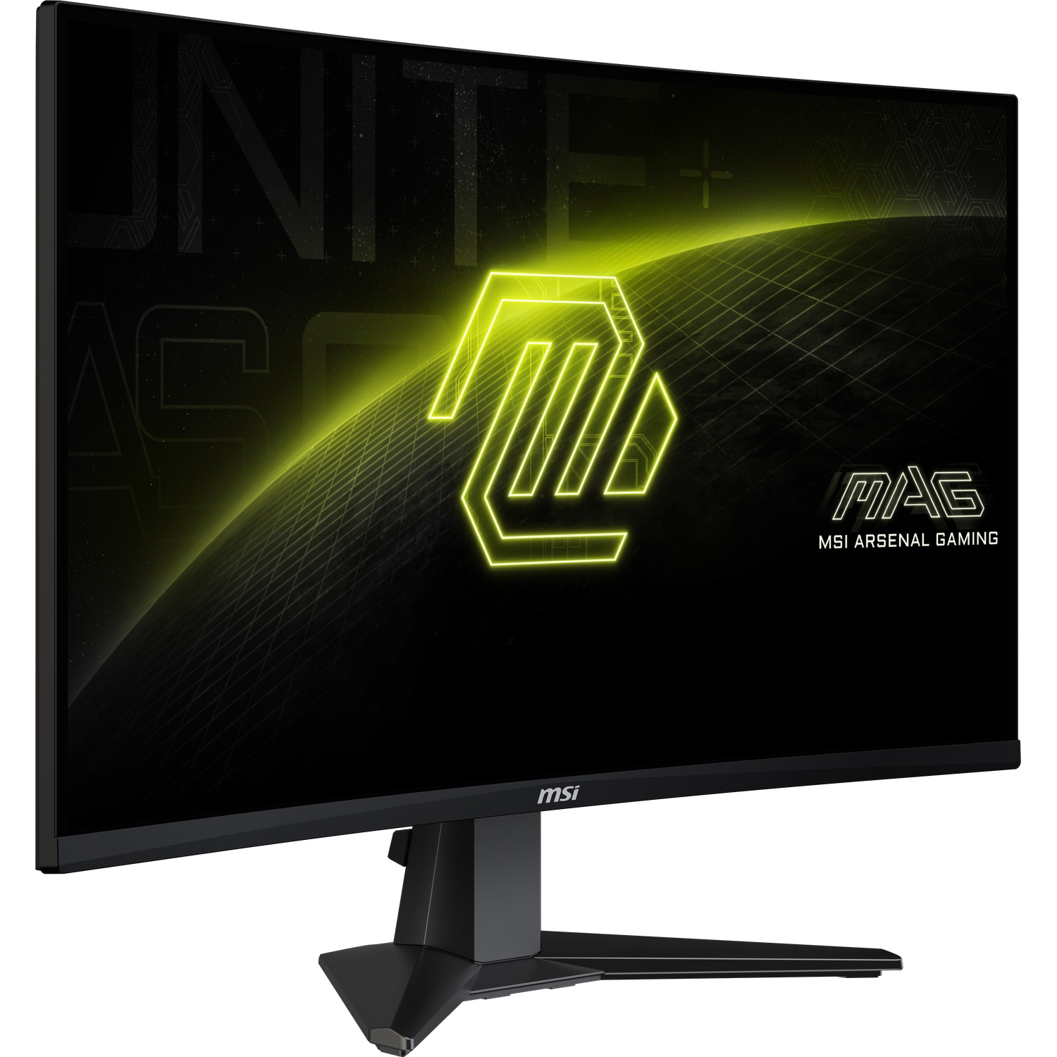 MSI gaming monitor. Zwart frame, zwarte standaard. Scherm toont neongeel logo en tekst op zwarte achtergrond.