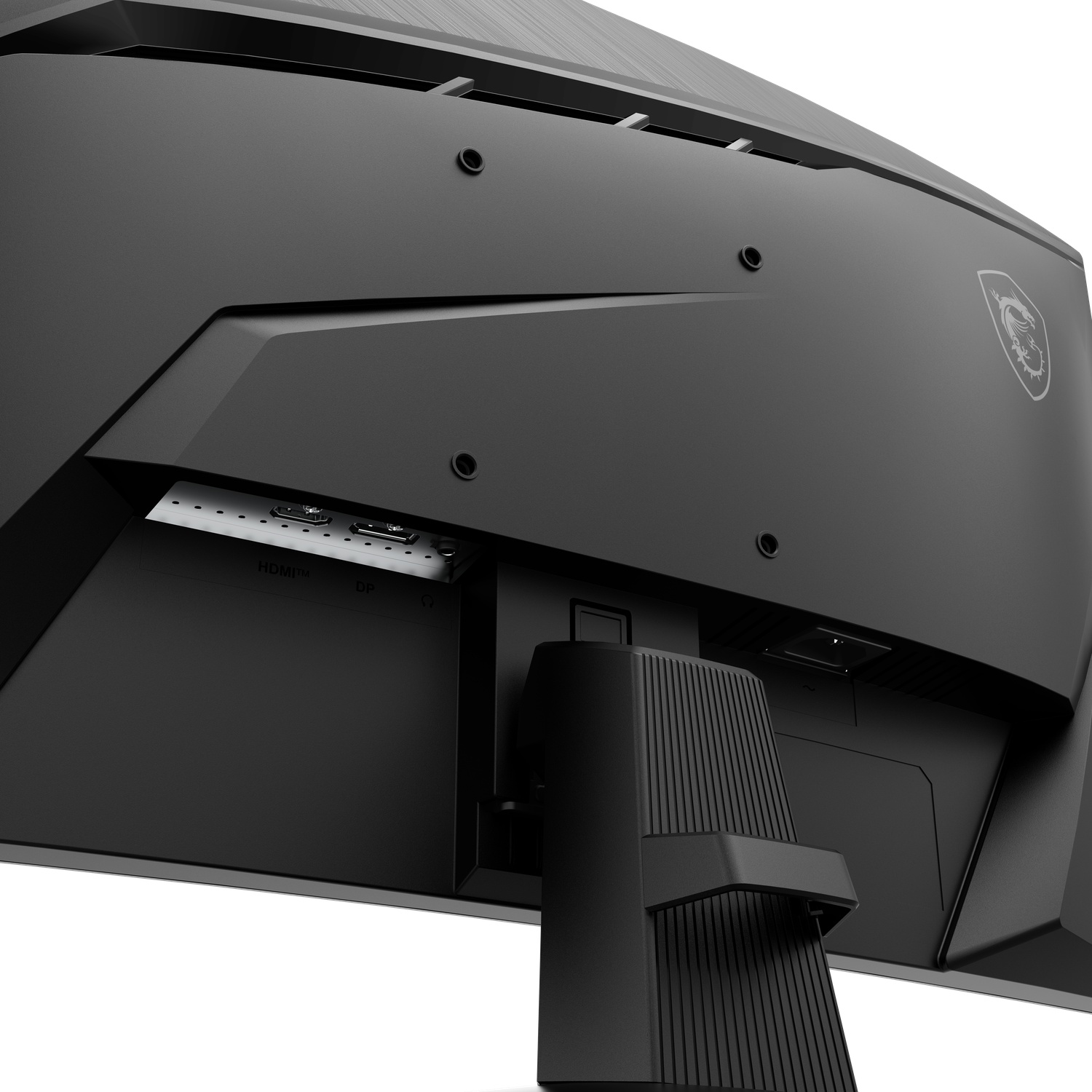 Achteraanzicht van een zwarte computermonitor. Poorten, ventilatieopeningen en een logo zijn zichtbaar. De standaard is ook zwart.