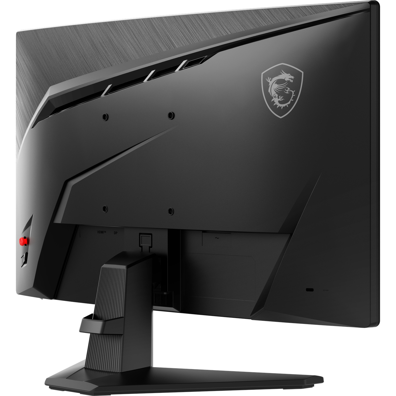 Zwarte computermonitor achterkant. MSI-logo, poorten en standaard. De monitor heeft een strak, hoekig ontwerp.