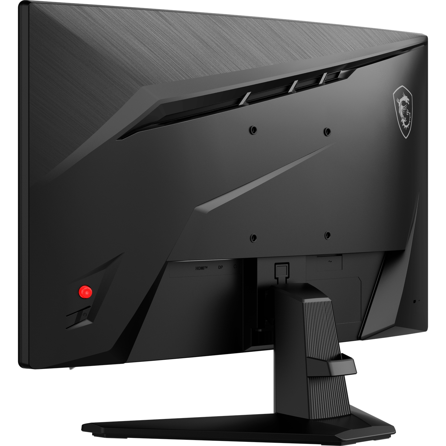 Achterkant van een zwarte computermonitor. Het heeft een standaard, meerdere poorten, een rode aan/uit-knop en het MSI-logo.