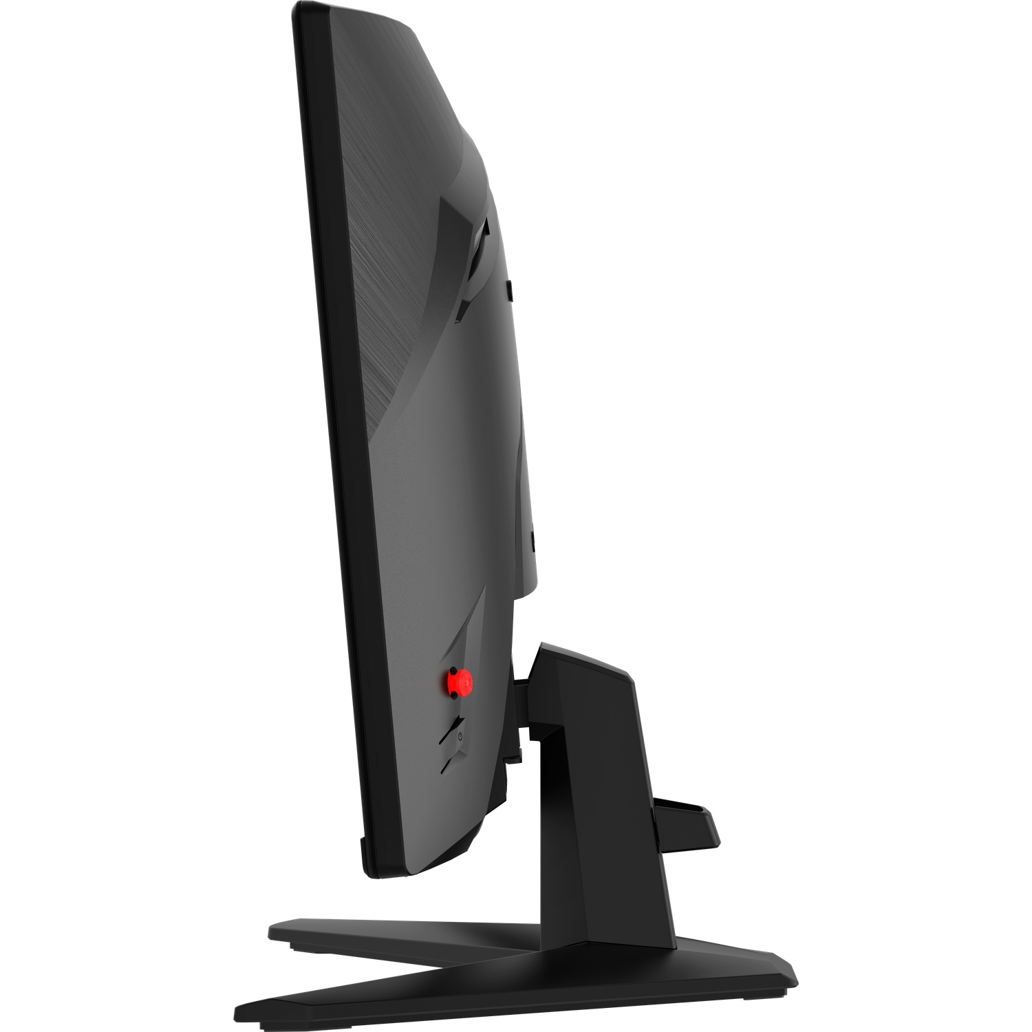 Een zwarte computermonitor wordt in profiel getoond. Hij heeft een rode knop. De standaard is zwart en de achtergrond is wit.