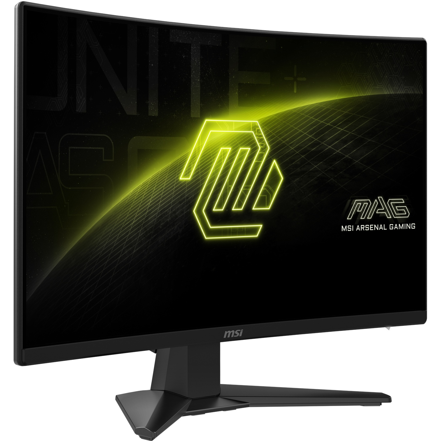 MSI gebogen gaming monitor. Zwart frame en standaard. Scherm toont een geel logo en tekst op een donkere achtergrond. "MSI Arsenal Gaming".