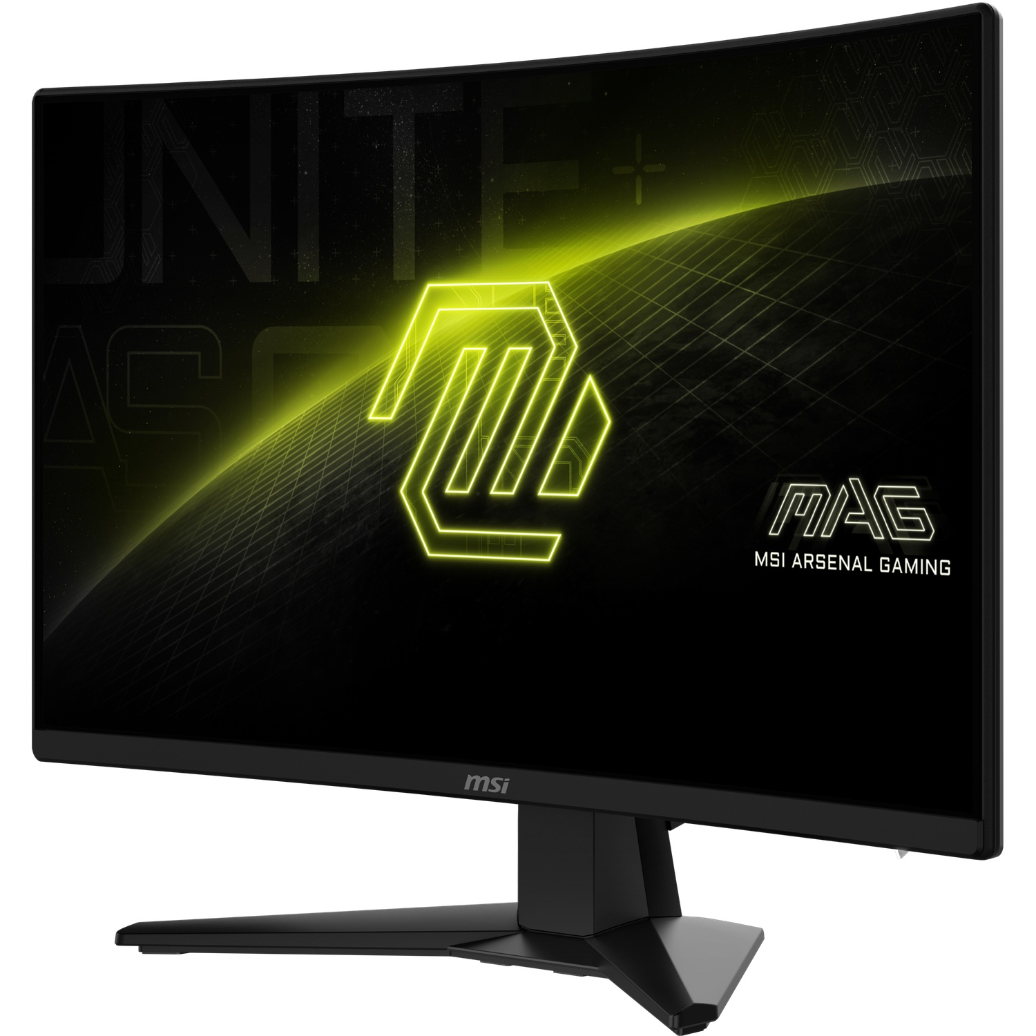 Gebogen MSI-monitor met neonlogo en tekst. De monitor heeft een zwart frame en standaard. Het logo is geel.