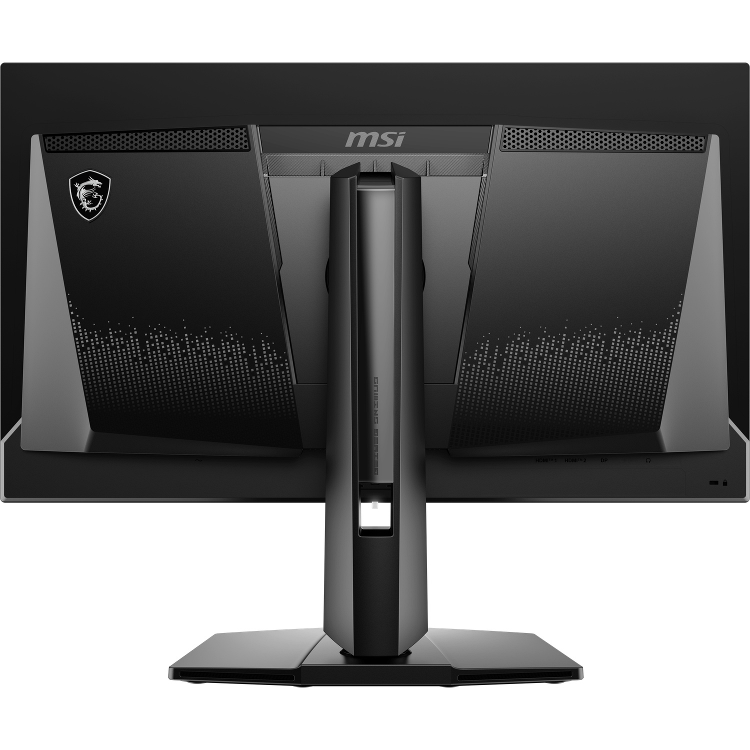 De achterkant van een zwarte MSI gaming monitor. Het MSI-logo staat bovenaan. Het heeft een standaard en verschillende poorten.