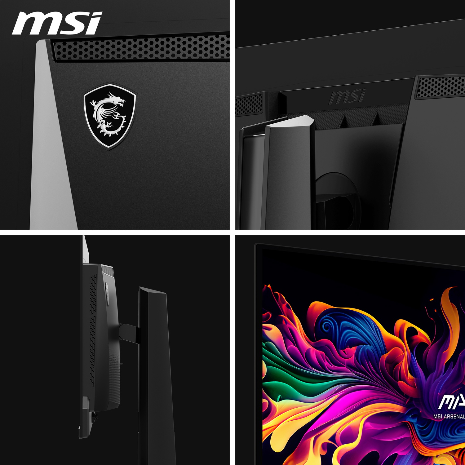 Close-up van MSI-monitoronderdelen. Inclusief het MSI-logo, een drakenembleem en kleurrijke schermkunst. Zwart-witte onderdelen getoond.