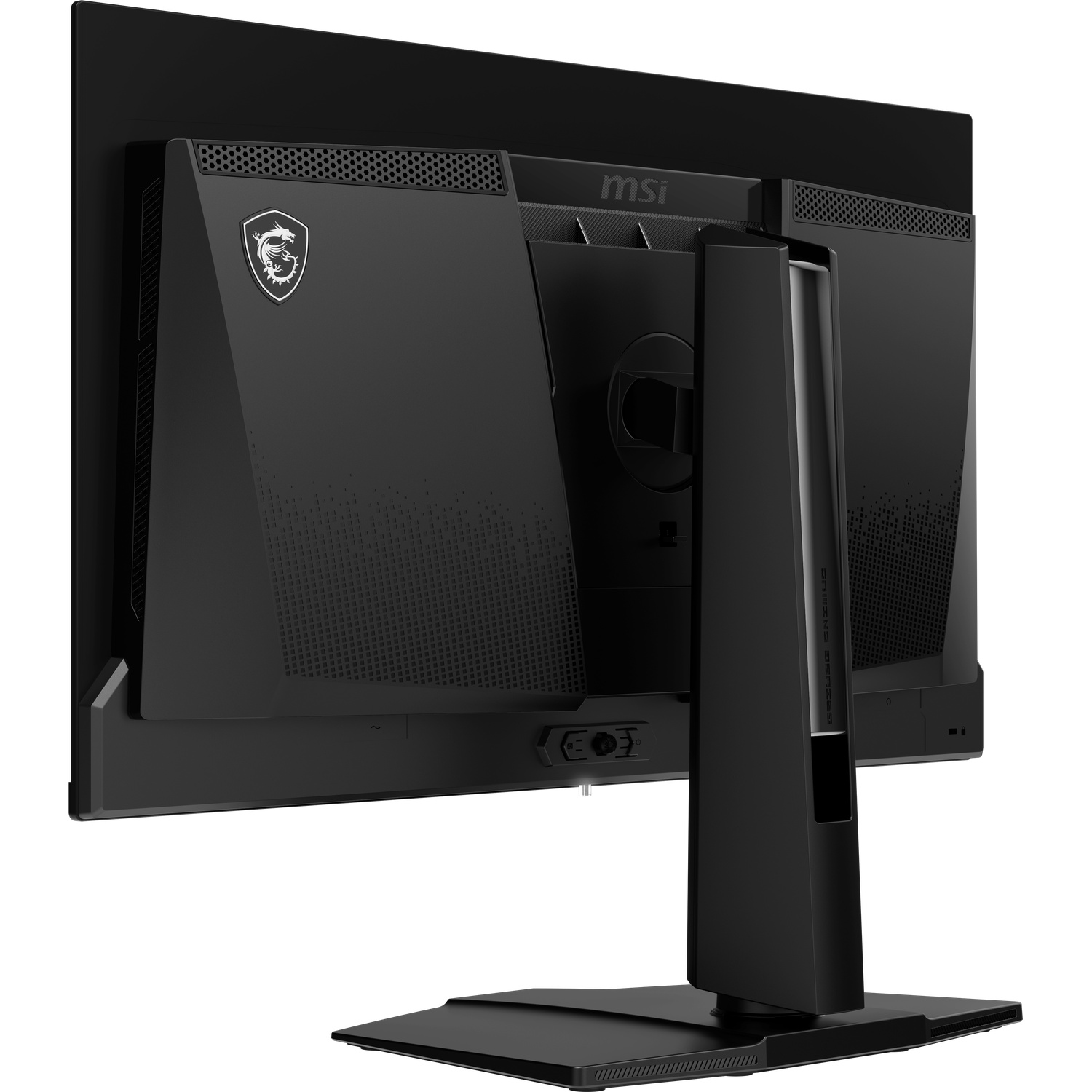 Een zwarte MSI gaming monitor van achteren bekeken, met standaard, logo en poorten. De achtergrond is wit.