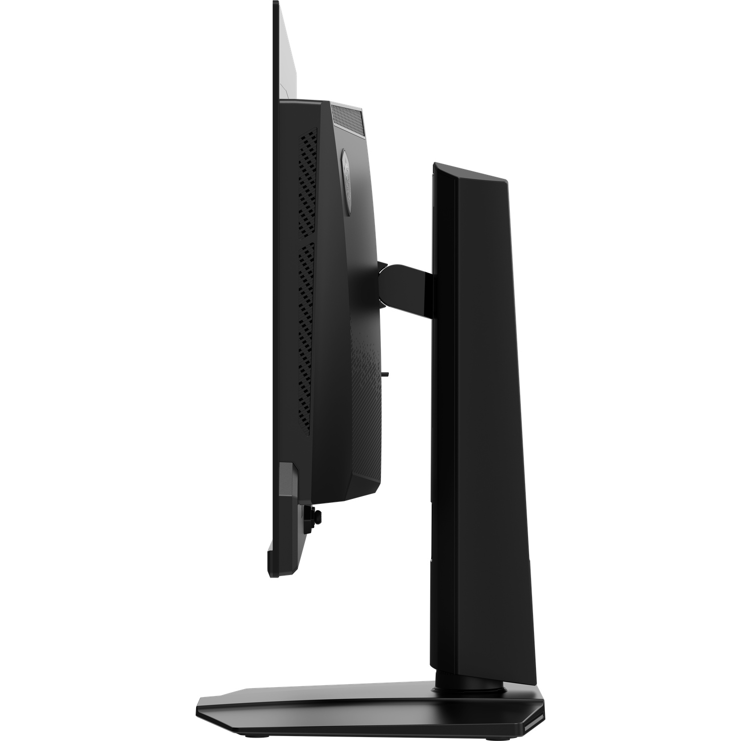 Zijaanzicht van een zwarte computermonitor. Het heeft een dunne rand, ventilatieopeningen en een stevige standaard. De achtergrond is wit.