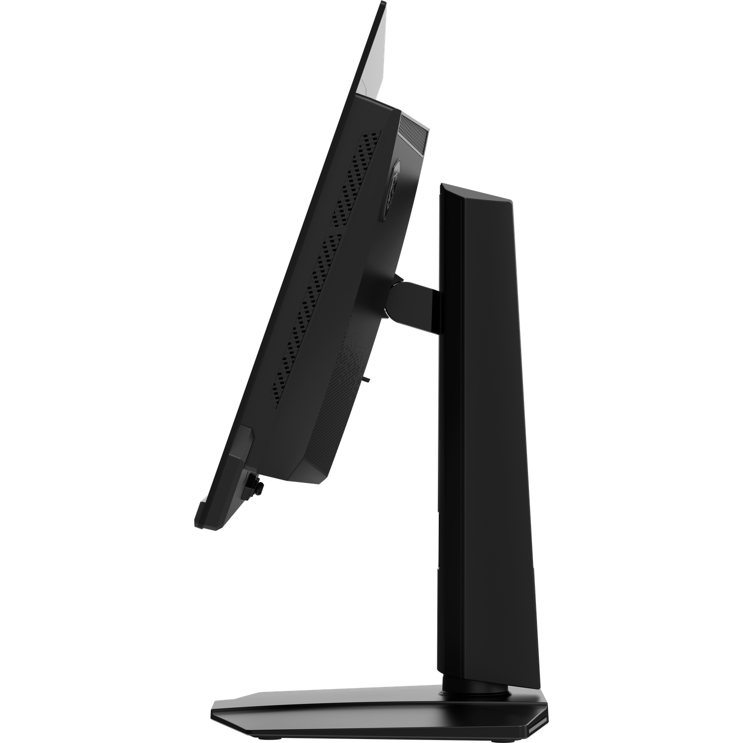 Een zwarte computermonitor, gekanteld, wordt van opzij weergegeven. Hij staat op een zwarte standaard tegen een witte achtergrond.